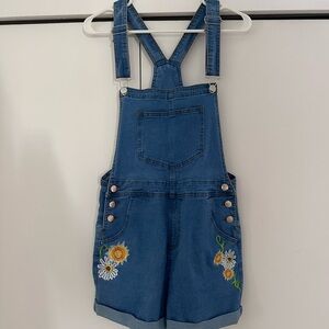 Women's Denim Short Overalls with Floral Accents